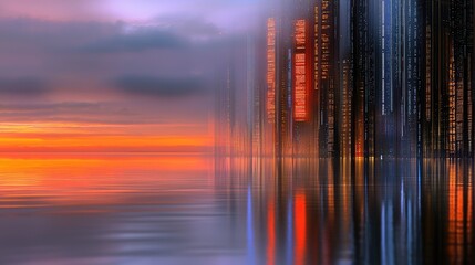 Vibrant cityscape at sunset with digital glow reflecting on water