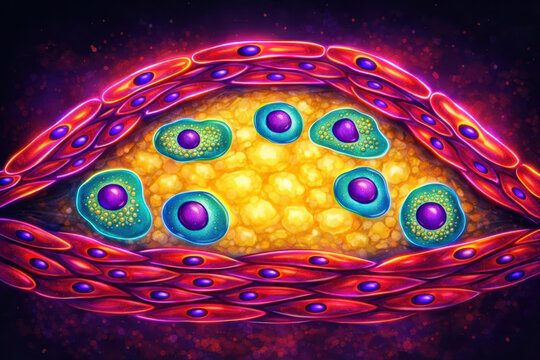 Atherosclerotic plaque, generative ai illustration showing lipid core, macrophages, smooth muscle cells and fibrous cap within an arterial wall