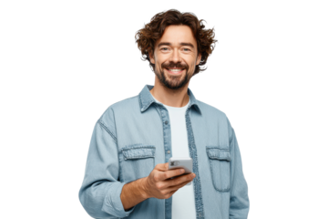 Man with curly hair smiles while holding a smartphone in his hand in a bright setting