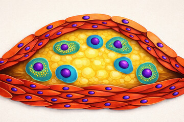 Atherosclerotic plaque, generative ai illustration showing lipid core, macrophages, smooth muscle cells and fibrous cap within an arterial wall