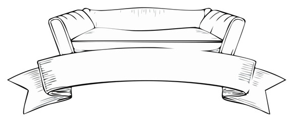 Elegant classic upholstered sofa with blank curved ribbon banner, vintage line art illustration for text