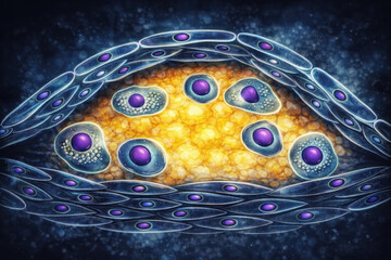 Atherosclerotic plaque, generative ai illustration showing lipid core, macrophages, smooth muscle cells and fibrous cap within an arterial wall
