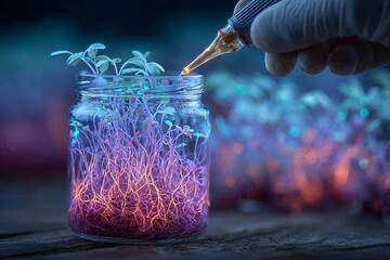 A captivating laboratory still life showcases the scientific beauty of plant cultivation and development through a mesmerizing combination of neon colors.