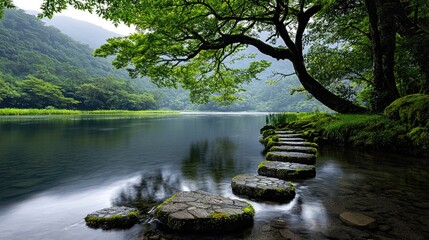 Peaceful river with stepping stones crossing the water, lush green surroundings, calm natural atmosphere, front view.
