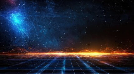 Vibrant digital landscape with glowing neon lines and stars