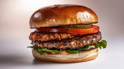 Delicious burger with crispy fried chicken, fresh lettuce, and honey mustard sauce, front view on white background, soft lighting.