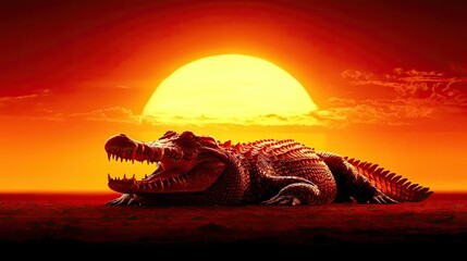 Crocodile resting under a golden sunset, glowing silhouette against a fiery sky, warm dramatic background, cinematic lighting.