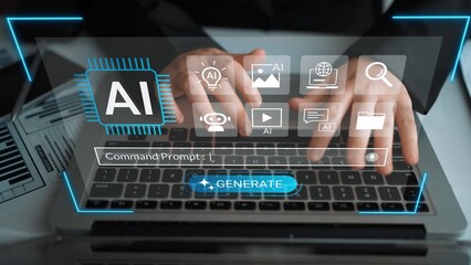 Hands typing on laptop with AI icons and digital interface showcasing technology innovation, data analysis, and futuristic concepts in a modern workspace Gluon.