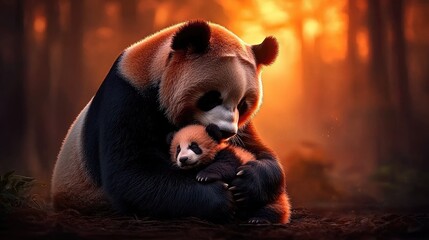 Mother panda tenderly cuddles her adorable cub in forest