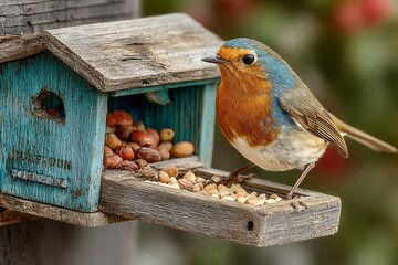 A captivating close-up of a European robin perched on a rustic bird feeder filled with nuts.