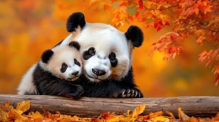 Close up of a panda mother gently holding her tiny cub, warm morning light, soft fur details, emotional wildlife bonding scene.
