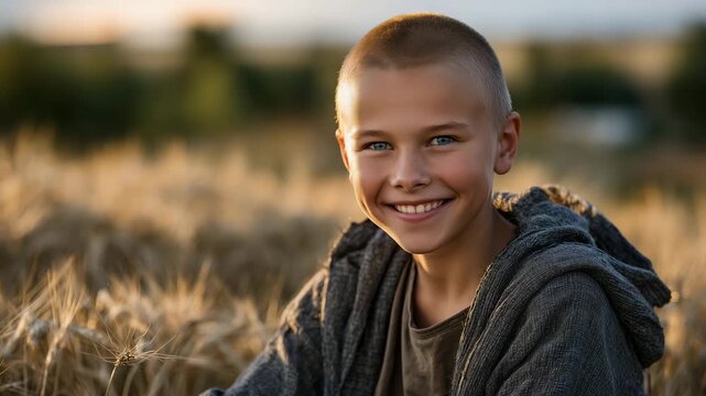 Child without hair in a sunlit wheat field, bright and warm lighting enhances his beaming smile, a symbol of courage, resilience, and optimism