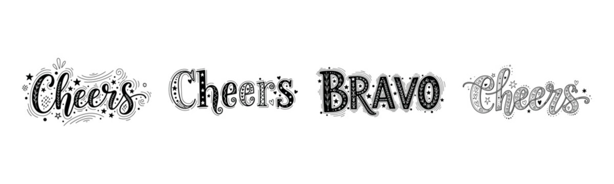 Decorative cheers and bravo text design in black and white
