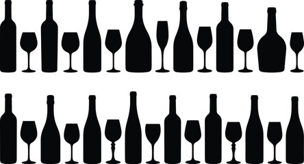 Wine bottles and glasses silhouettes illustration set with alcohol drinkware bar elements isolated white background black vector design