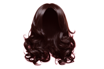 Long dark wig with curls displayed against a pink background for beauty and fashion showcases