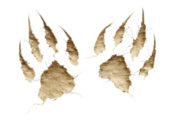 Claw marks on a surface showing deep scratches in a pattern of two paws indicating animal presence in a natural area
