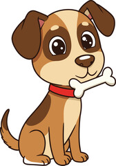 Obraz premium Cute cartoon puppy dog with bone, adorable sitting pet illustration, playful animal character for kids, vector clipart design