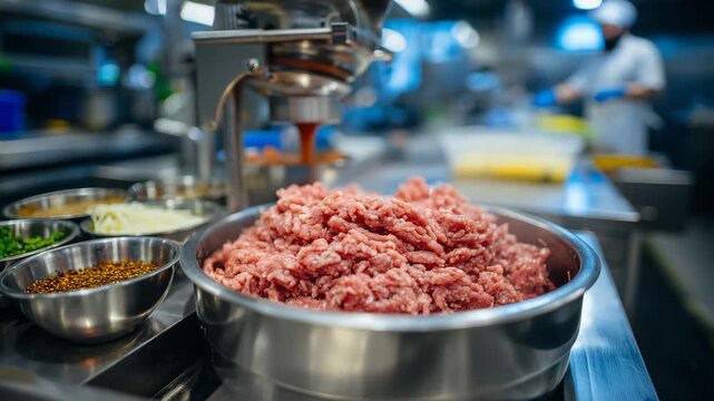 Close-up of minced sausage swirling in grinder, stainless steel table with spice bowls in foreground, bright lighting emphasizing clean facility