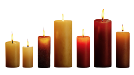 Candle display with different sizes and colors of burning candles on a dark background