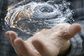A human hand holding a digital globe, displaying the earth's interconnectedness with swirling patterns of energy, light, and technology.