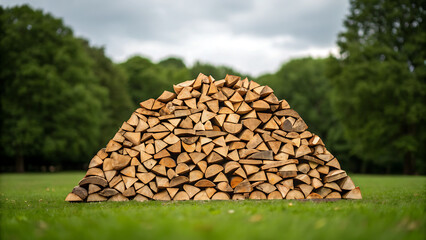 Stacked wood pile in green field