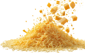 Grated cheese and cheese cubes fall over a pile of shredded cheese on a white background