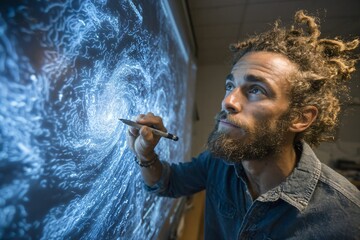 Focused artist drawing an abstract design on a screen, blending technology and creativity into a bright display.