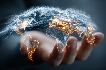 A glowing digital representation of the world is held in a hand, showcasing global connectivity and innovation.