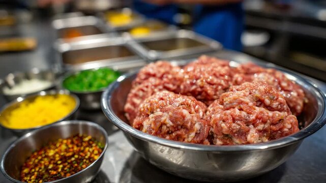 Close-up of rotating sausage mince with glossy texture, bowls of colorful seasoning nearby, focus on professional clean sausage processing