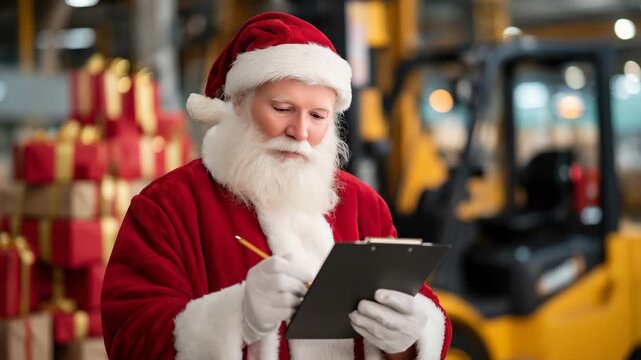 Close-up of Santa checking a manifest with red and gold presents stacked dramatically behind him, forklifts and mechanical arms operating in soft-focus background