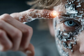 A close-up of a human face with digital circuits overlaid, representing the integration of technology and humanity.