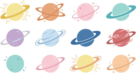 Cute colorful planet illustration set with rings stars space elements pastel astronomy icons isolated white background vector design