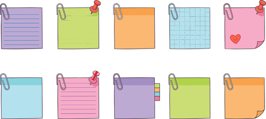 Colorful sticky notes illustration set with paper clips pins cute stationery reminders checklist memo notes isolated white background vector design