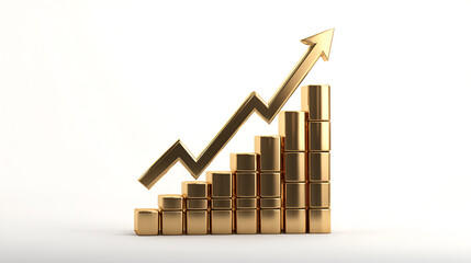 A gold bar chart with an upward trend arrow against a white background.