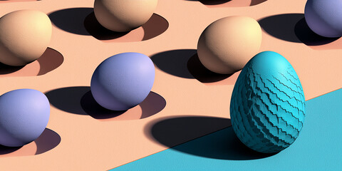 Colorful decorative eggs arranged on pastel background for Easter  