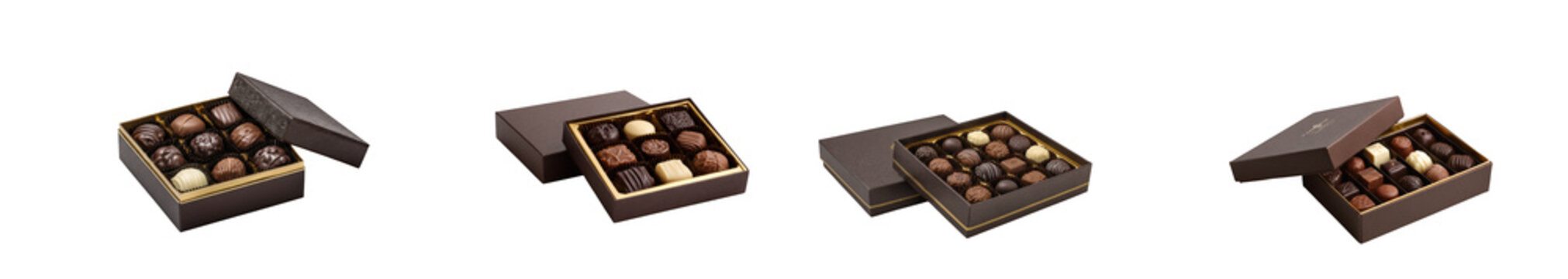 Four arrangements of an open chocolate box filled with assorted dark and milk chocolates on transparent background