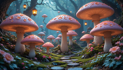 Smooth Colorful Mushroom Fantasy World with Warm Lights