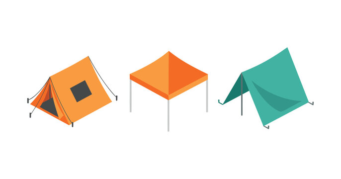 Three colorful camping tents: orange, red canopy, green tarp