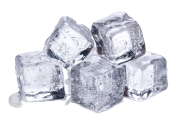 Clear ice cubes placed on a flat surface showing bubbles and texture under light in a simple setting