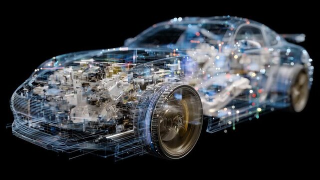 Engineering vector wireframe visualization of a car assembling sequence, robotic tools surrounding the structure, while ghost layers isolate each major part in a technical exploded
