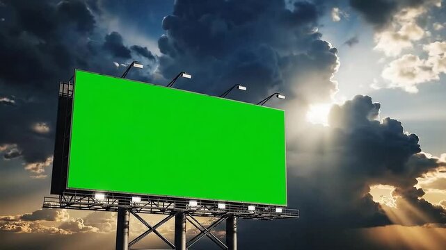 Billboard with green screen in dramatic cloudy sky with sunlight
