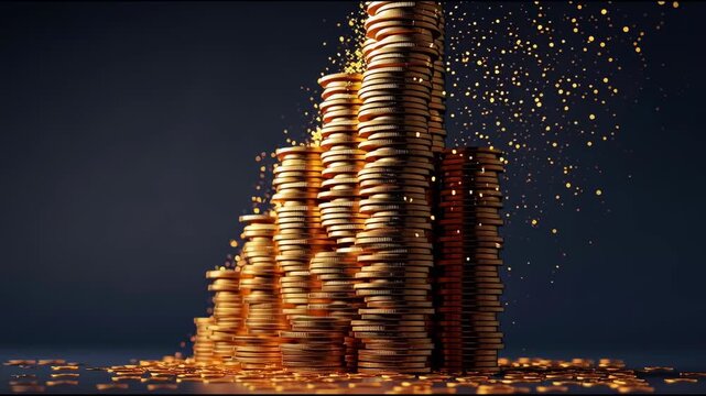 Stacks of shiny gold coins ascending order with sparkling particles, symbolizing finance, investment, prosperity, money, and economic growth golden coin stack wealth, shiny coin finance