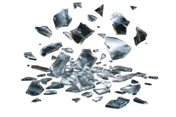 Shattered glass pieces floating in the air against a dark background create a striking scene of broken fragments