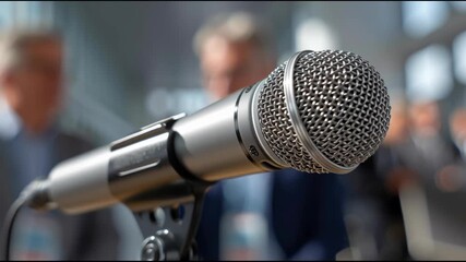 Microphone closeup business conference setting with professional audio equipment, communication, public speaking, networking event, technology focus, blurred people background, professional meeting