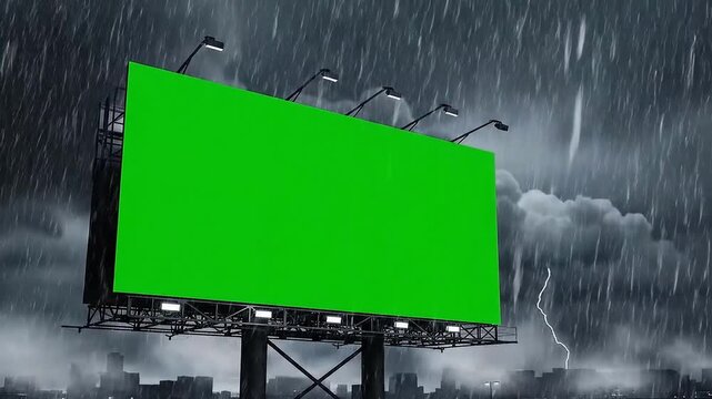 Dramatic cityscape at night with large green billboard in heavy rain