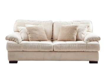 Cozy two-cushion sofa with pillows in a simple design sits on a flat surface against a white background