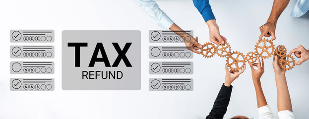 A visually engaging concept showing hands assembling gears around a "Tax Refund" message, symbolizing collaboration in financial planning and tax management strategies. Gantry