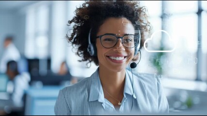 Smiling customer service representative woman with headset bright modern office, cloud computing technology icons overlay, professional digital communication, confident, friendly atmosphere - Powered by Adobe