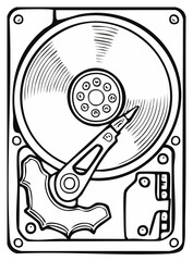 Obraz premium Detailed line art illustration of an open hard disk drive showing platters and read write arm