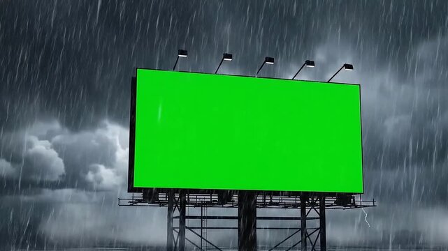 Billboard standing tall on a rainy day with green screen for advertising